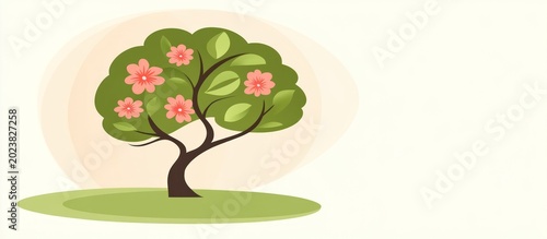 An illustration depicts a tree with flowers on green grass.