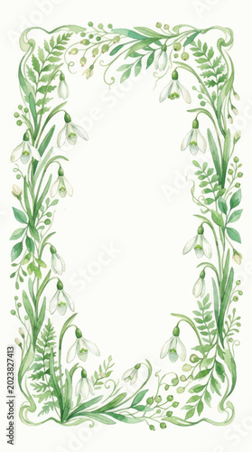 Elegant Floral Border with Snowdrops and Ferns.