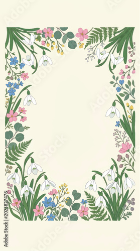 Vintage Floral Border with Delicate Spring Flowers.