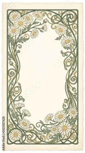 Art Nouveau floral frame with daisies and swirling vines.