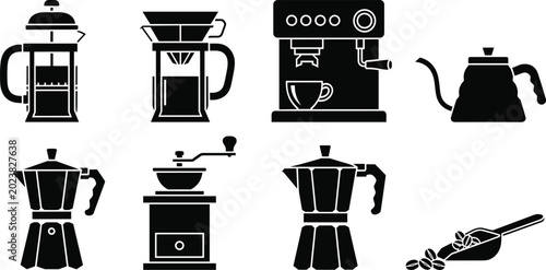 Photos Coffee and Brewing Equipment Icon Set with French Press, Pour-Over, Espresso Mac
