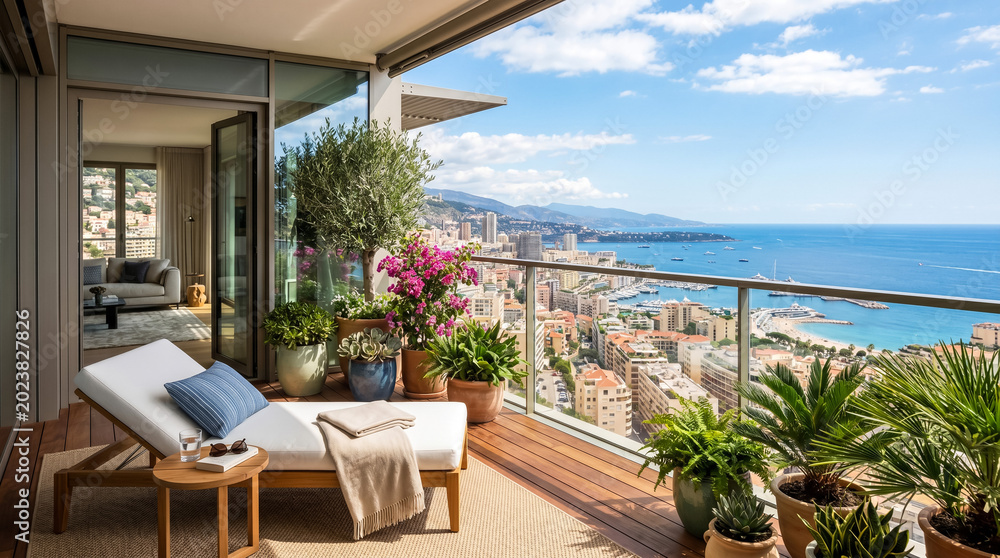 Fototapeta premium Coastal balcony with lounge chairs overlooking seaside town and ocean view