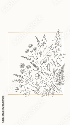 Elegant Botanical Illustration of Wildflowers and Ferns.