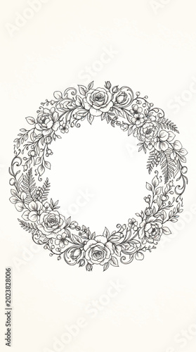 Elegant Floral Wreath Illustration with Roses and Leaves.
