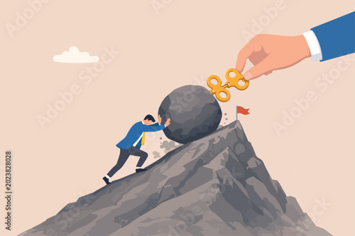 Obraz na plátně Exhausted employee recharged, power up or wind up to stimulate or motivate fatigue person concept, manager red big hand turn wind up key or winder clockwork motivate businessman office worker