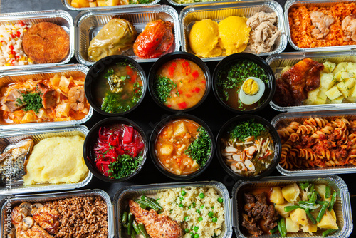 Healthy Office Lunch Boxes for Food Delivery in Aluminum Containers, Fresh Meal Prep Takeaway Catering, Corporate Lunch Packaging and Ready to Eat Balanced Meals