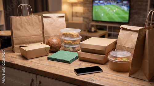 Football food delivery setup at home with takeaway boxes, paper bags, soccer ball, phone and TV match in background for watch party, sports dining and game night promotion