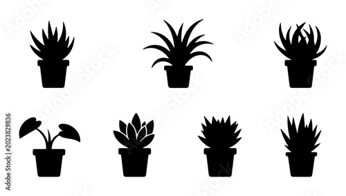 Tableau sur toile Set of 7 Black Silhouette Potted Houseplants, Vector Icons for Home Decor and Ga