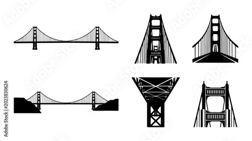 Golden Gate Bridge Vector Icons, Iconic Suspension Bridge Silhouettes, San Francisco Landmark Architecture, Engineering Structure Graphics