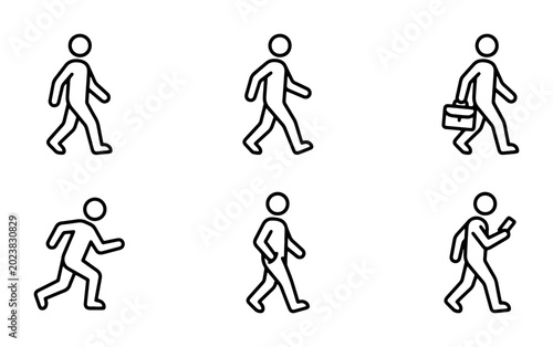 Walking Human Figures Icons Set, Business Person with Briefcase, Mobile Phone User, Simple Line Art People Silhouettes for Motion Graphics