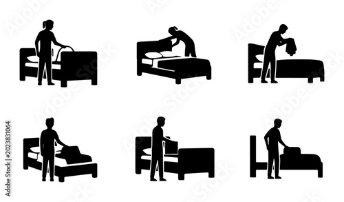 Konstfotografi Bed Making Silhouettes: Step-by-Step Instructions for Hotel Housekeeping, Home C