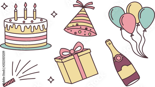 Birthday party icon set with cake balloons gifts candies and celebration elements