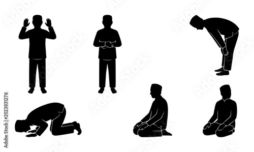 Fotografía Islamic Prayer Silhouettes, Muslim Worship Poses, Salat Rituals, Religious Devot