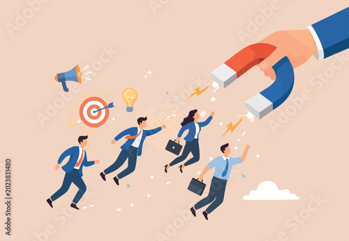 HR, Human resource recruiting candidates or talents, marketing to attract or draw new customers or leadership and charm concept, big employer hand using magnet power draw new people employees