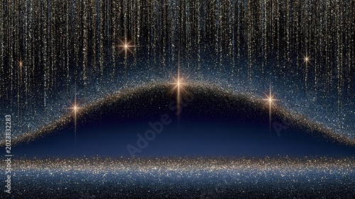 Sparkling Golden Glitter Streaks on Dark Blue Background with Starburst Lights, Luxury Elegant Backdrop for Events, Invitations, Branding and High-End Design Projects