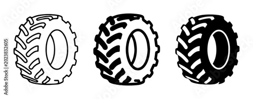Tractor Tire Icons Set, Agricultural Wheel Vector Graphics, Off-Road Vehicle Rubber Tread Design Elements