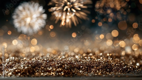 Sparkling Golden Glitter Surface with Blurred Fireworks and Warm Bokeh Lights, Festive Night Celebration Backdrop for Luxury Holiday Parties, Event Invitations and Seasonal Marketing Materials