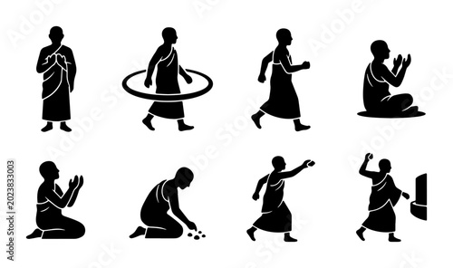 Photos Monk Silhouette Icon Set: Prayer, Meditation, Walking, Rituals, Buddhism, Spirit
