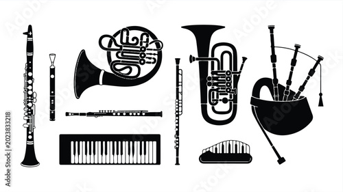 black and white illustration of various musical instruments on white background