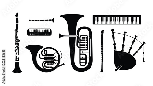 Black silhouettes of various musical instruments for graphic design  tuba clarinet flute bagpipe
