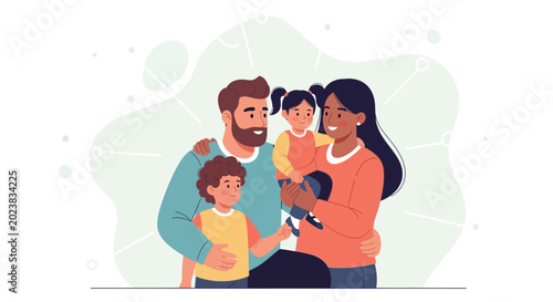 Happy Diverse Family Portrait: Parents, Son, Daughter, Baby - Unity and Love