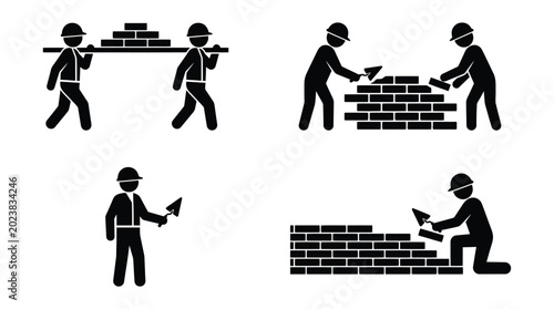 Photos Silhouette of construction workers building a brick wall