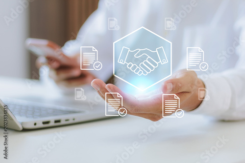 Obraz na plátně B2B supply chain management, corporate procurement agreement, strategic partnership alliance, and vendor contract signing