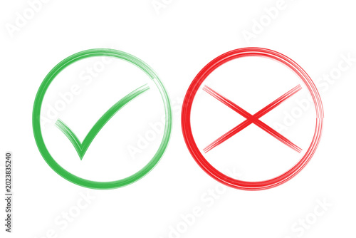 Billede på lærred Hand drawn brush stroke green check mark and red cross mark x inside circle icon