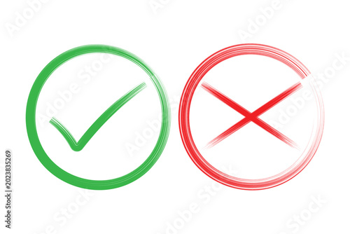 Fényképezés Hand drawn brush stroke green check mark and red cross mark x inside circle icon