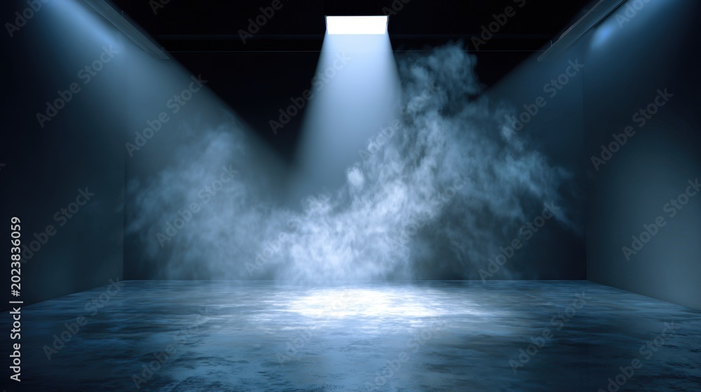 Obraz premium Dramatic spotlight shines on misty dark stage with water vapor and reflective surface