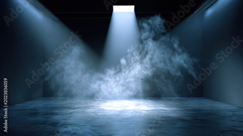 Dramatic spotlight shines on misty dark stage with water vapor and reflective surface
