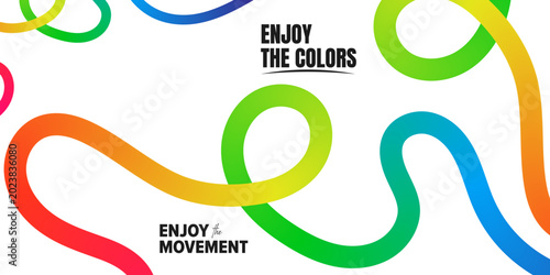 Dynamic colorful gradient fluid lines on white background, abstract wavy ribbon vector banner design