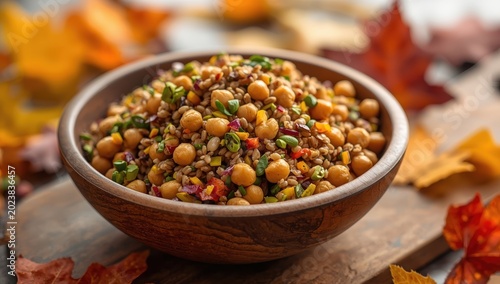 Chickpea, barley, and pistachio salad from Morocco. Toning. Selective focus.