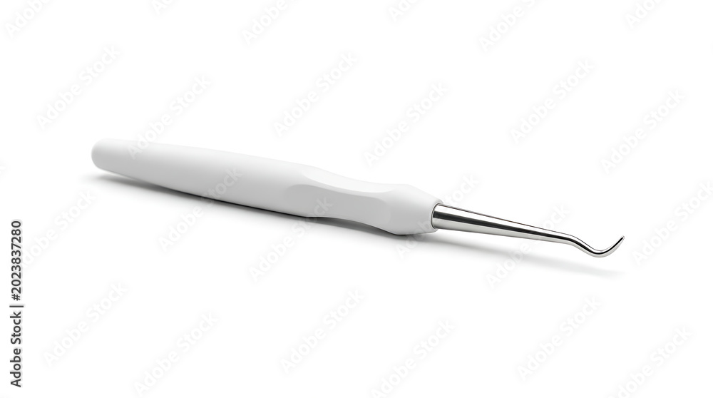 Fototapeta premium Ergonomic dental explorer instrument with white handle and curved metal tip for oral examination isolated on white background essential equipment for professional dentists and dental hygienists today.