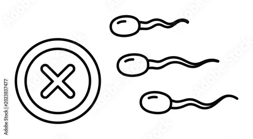 Fotografi illustration of blocked sperm cells with prohibition sign indicating contracepti