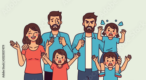 Bilde på lerret Family Emotions Illustration: Happy Parents, Upset Children, Stress, Chaos