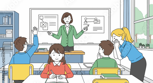Foto Teacher instructing students in classroom, one student raising hand, another whi
