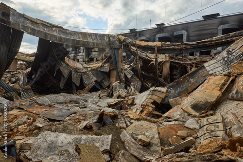 Schilderij op canvas Exterior view of building collapse and structural debris after fire