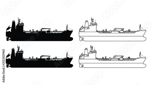 Fotografie Ship silhouettes on white background tanker and cargo vessel outlines