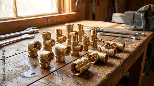 Arrangement of various golden brass pipe fittings and valves placed on rough wooden workshop table with wrenches and heavy industrial metal vice in background area.