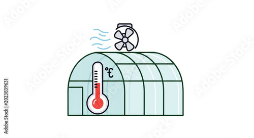 Greenhouse structure with ventilation fan and temperature control thermometer icon illustration