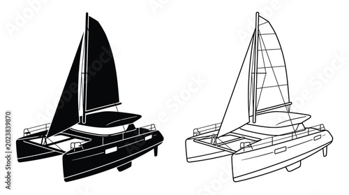 Bild auf Leinwand Sailing catamaran silhouette black and white line art illustration