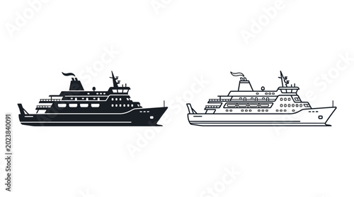 Photography Cruise ship and ferry boat silhouettes on white background