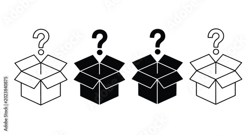 series of open gift boxes with question marks representing mystery and curiosity vector illustration collection, surprise concept design, unknown reward box set, minimal mystery symbol artwork.