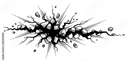 Obraz na płótnie Stone crack explosion with flying debris and broken fragments in sketch style