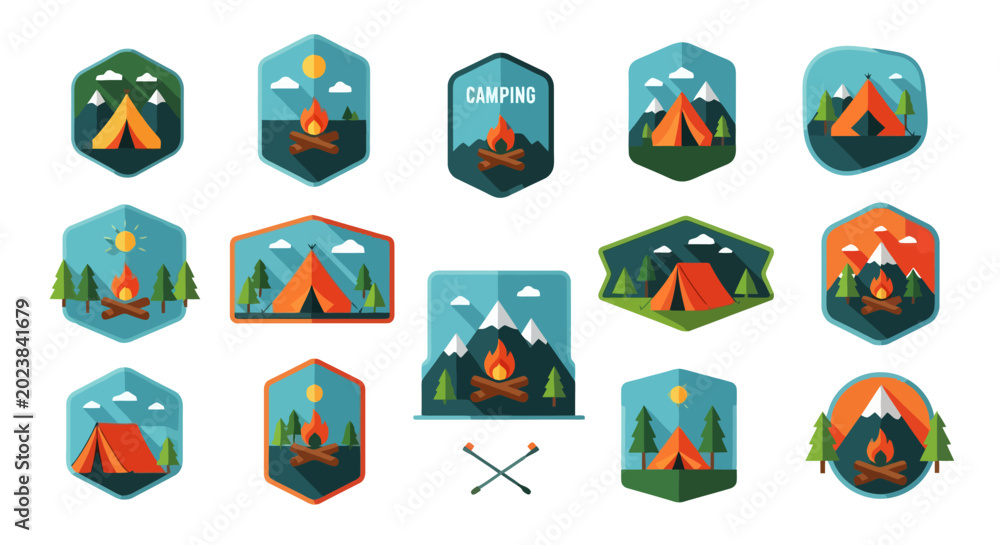 Fototapeta premium Collection of vibrant camping and outdoor adventure badges with tents and campfires.