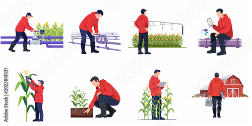 Set of Smart Farming and Modern Agriculture Flat Vector Illustrations Featuring Farmer Managing Advanced Irrigation Systems and Corn Fields