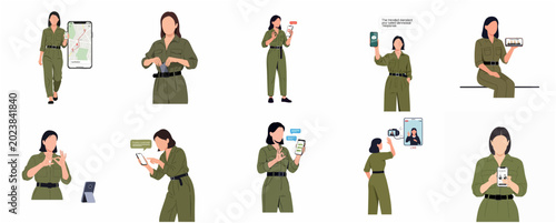 Flat vector illustration set of a woman in a green jumpsuit using a smartphone for navigation, messaging, translation, and video streaming
