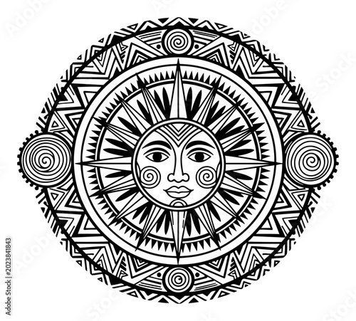 Sun face within intricate circular mandala pattern in ethnic tribal style