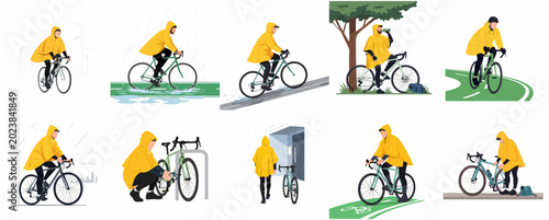 Set of vector illustrations featuring a man in a yellow raincoat cycling, commuting, and navigating rainy urban environments on a road bike.
